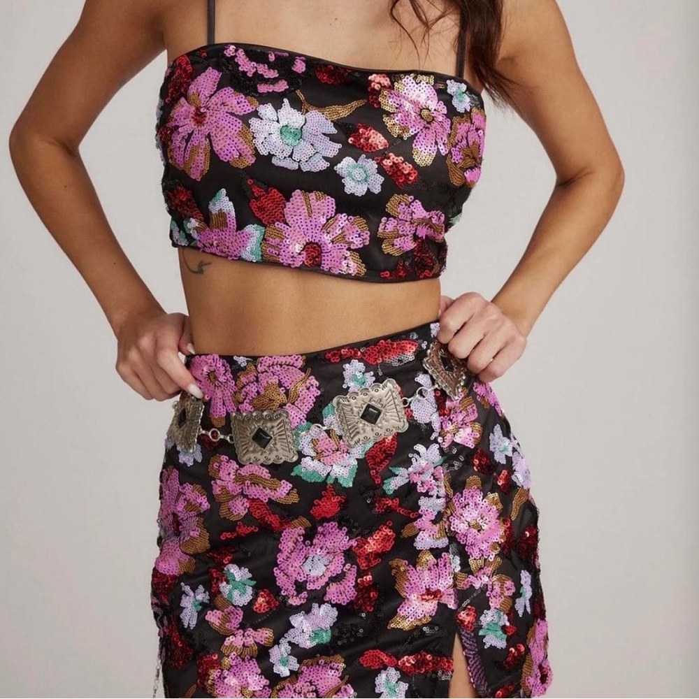 12th Tribe Black Sequin Floral Mini Co Ord Set NWT